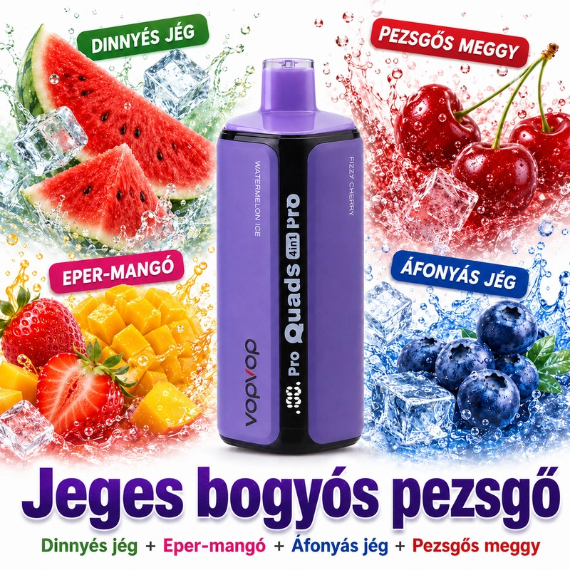 Jeges bogyós pezsgő – dinnyés jég, eper-mango, áfonyás jég és pezsgős meggy kombináció VopVop 200K vape