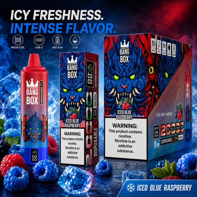 Bang Box 20000 Puffs rechargeable vape in Blue Raspberry Ice flavor with blue raspberry and ice imagery