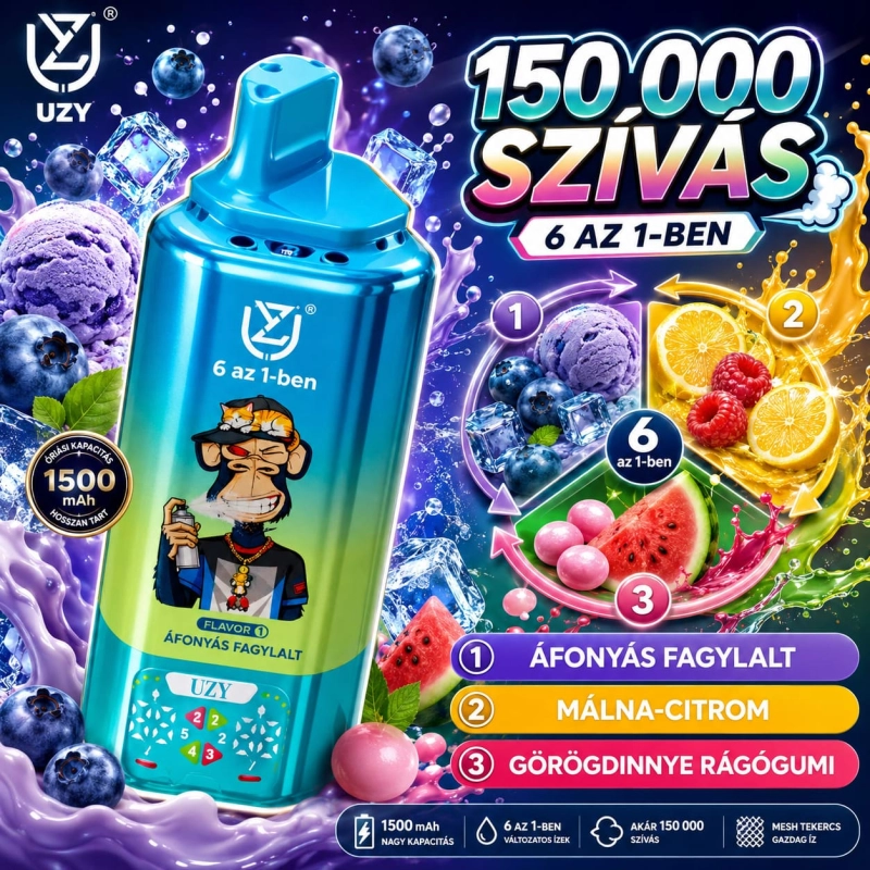 Áfonyás fagylalt, málna–citrom és görögdinnye rágógumi ízű 6 az 1-ben eldobható vape
