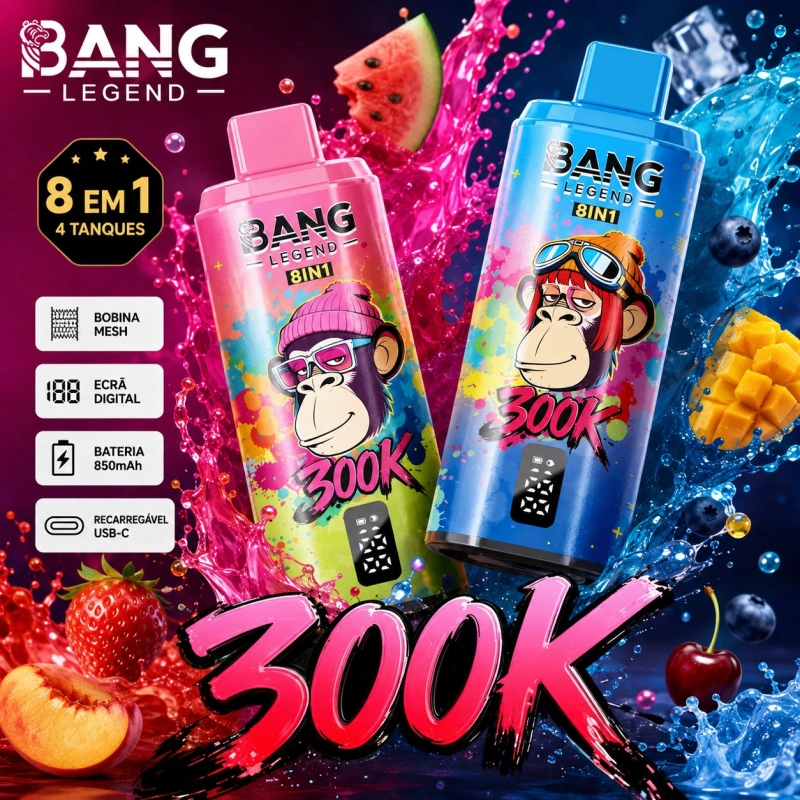 Bang Legend 300K 300000 Puffs Cigarro Eletrônico Descartável, Sabores de Frutas e Ecrã Digital