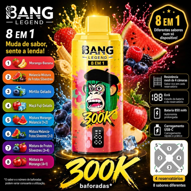 Bang Legend 300K 8 em 1 com Morango, Banana, Melancia, Mirtilo Gelado e Maçã Fuji Gelada