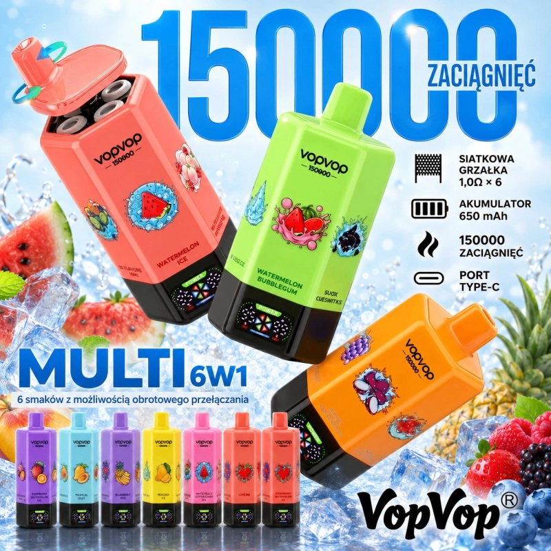 VopVop Multi 6w1 150000 zaciągnięć Jednorazowy e-papieros, Różne smaki owocowe