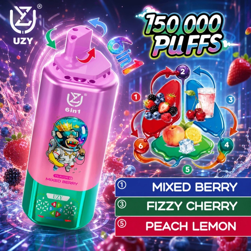UZY 6in1 150000 Puffs Disposable Vape, Mixed Berry Pink Green