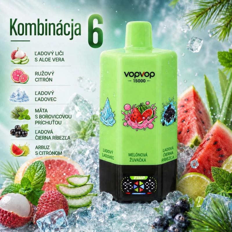 VOPVOP 150K 6 v 1 Kombinácia 6 – ľadové liči s aloe vera, ružový citrón, glaciálny ľad, mäta s tónom borovice, ľadové čierne ríbezle a melón s citrónom
