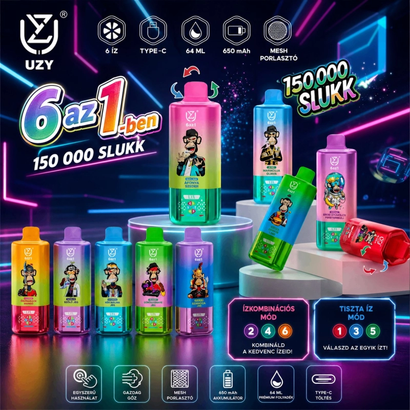 UZY 6 az 1-ben 150000 slukk eldobható e-cigi, vegyes gyümölcsös ízek