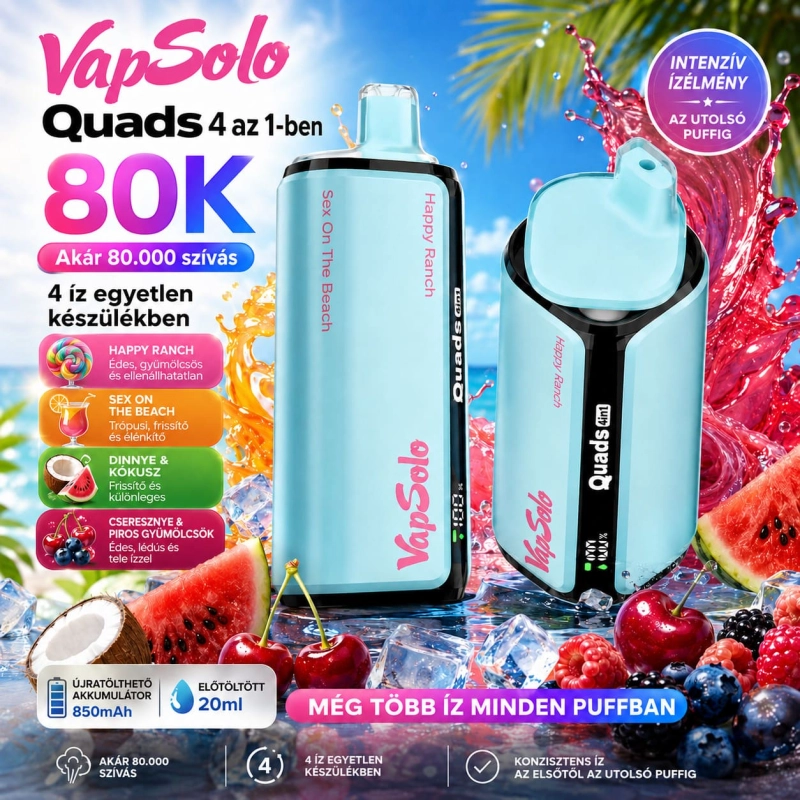 Vapsolo Quads 80K 4 az 1-ben eldobható vape – Happy Ranch, Sex on the Beach, görögdinnye-kókusz és cseresznye-bogyós gyümölcs ízek