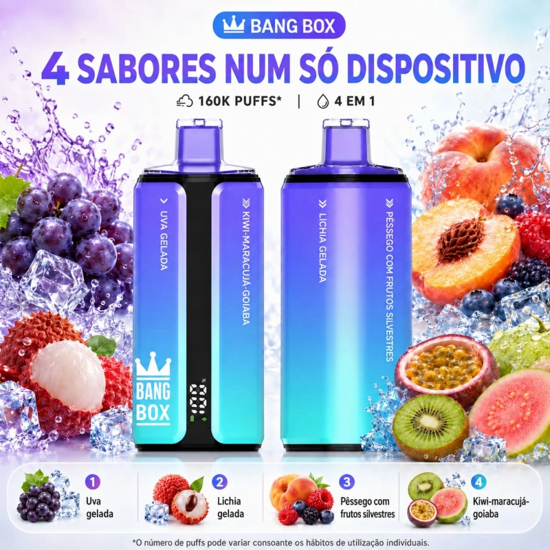 Vape descartável Bang Box 160000 puffs Portugal 4 sabores Uva gelada, Líchia gelada, Pêssego mirtilo, Kiwi maracujá