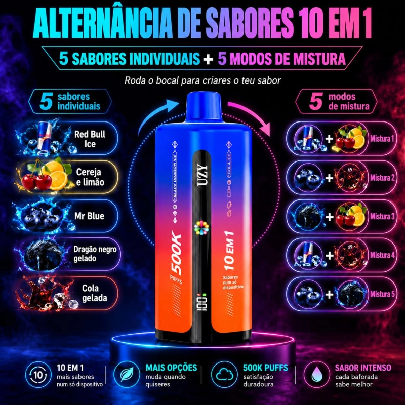 UZY Penta Flavor 500K com Red Bull gelado, cereja e limão, Mr Blue, Dragão Negro gelado e cola gelada.