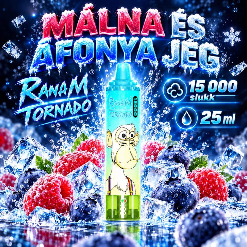 RandM Tornado 15000 Áfonya–savanyú málna jéggel – akár 15 000 slukk, 25 ml, Type-C