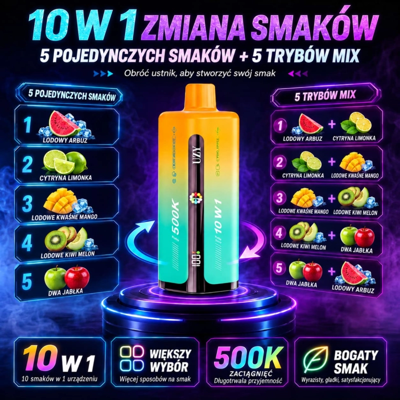 Seria UZY 500K z arbuzem, cytryną i limonką, kwaśnym mango, kiwi z melonem i podwójnym jabłkiem