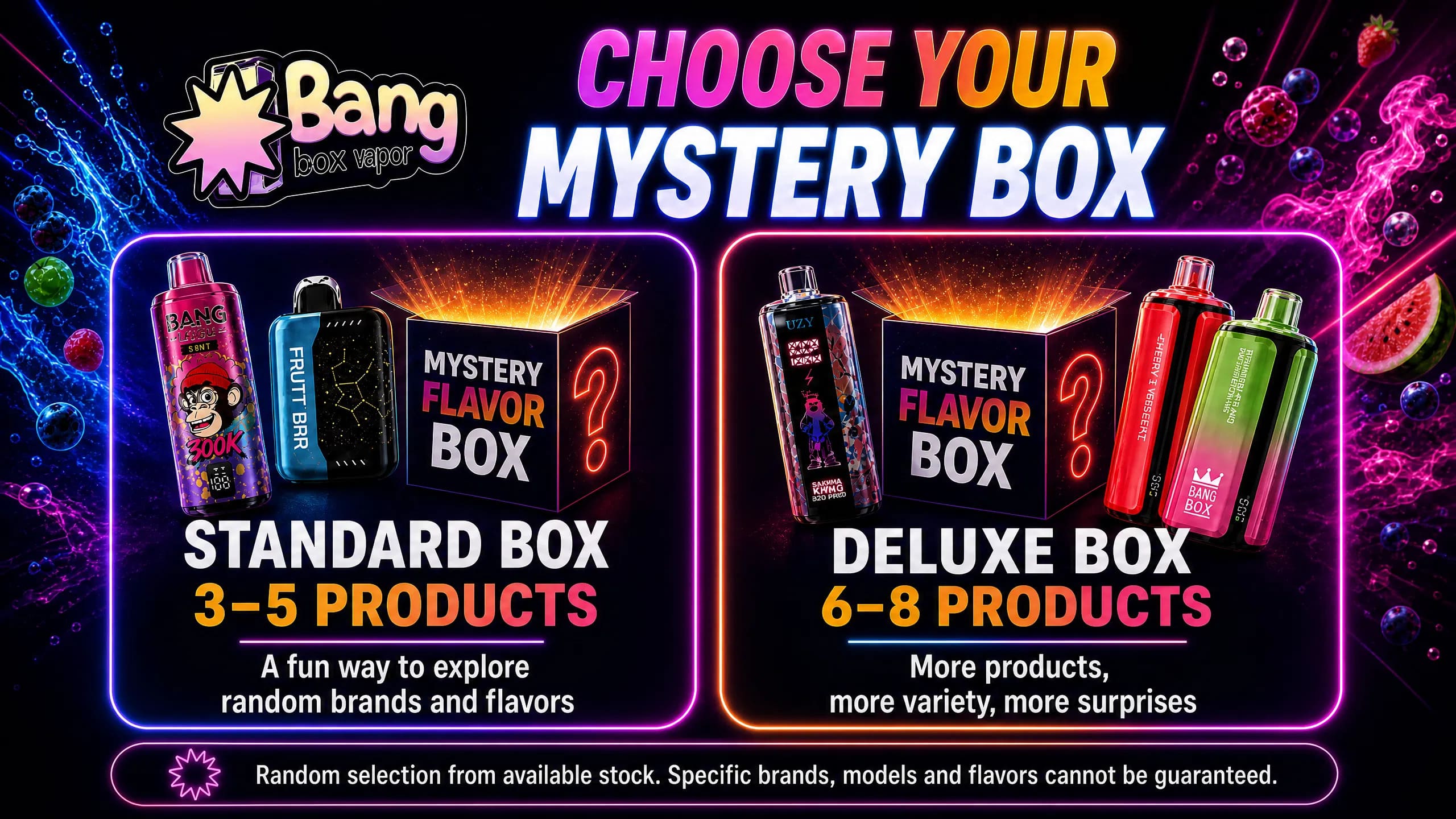 Standard and Deluxe Mystery Vape Box options with 3–5 or 6–8 random products, brands and flavors