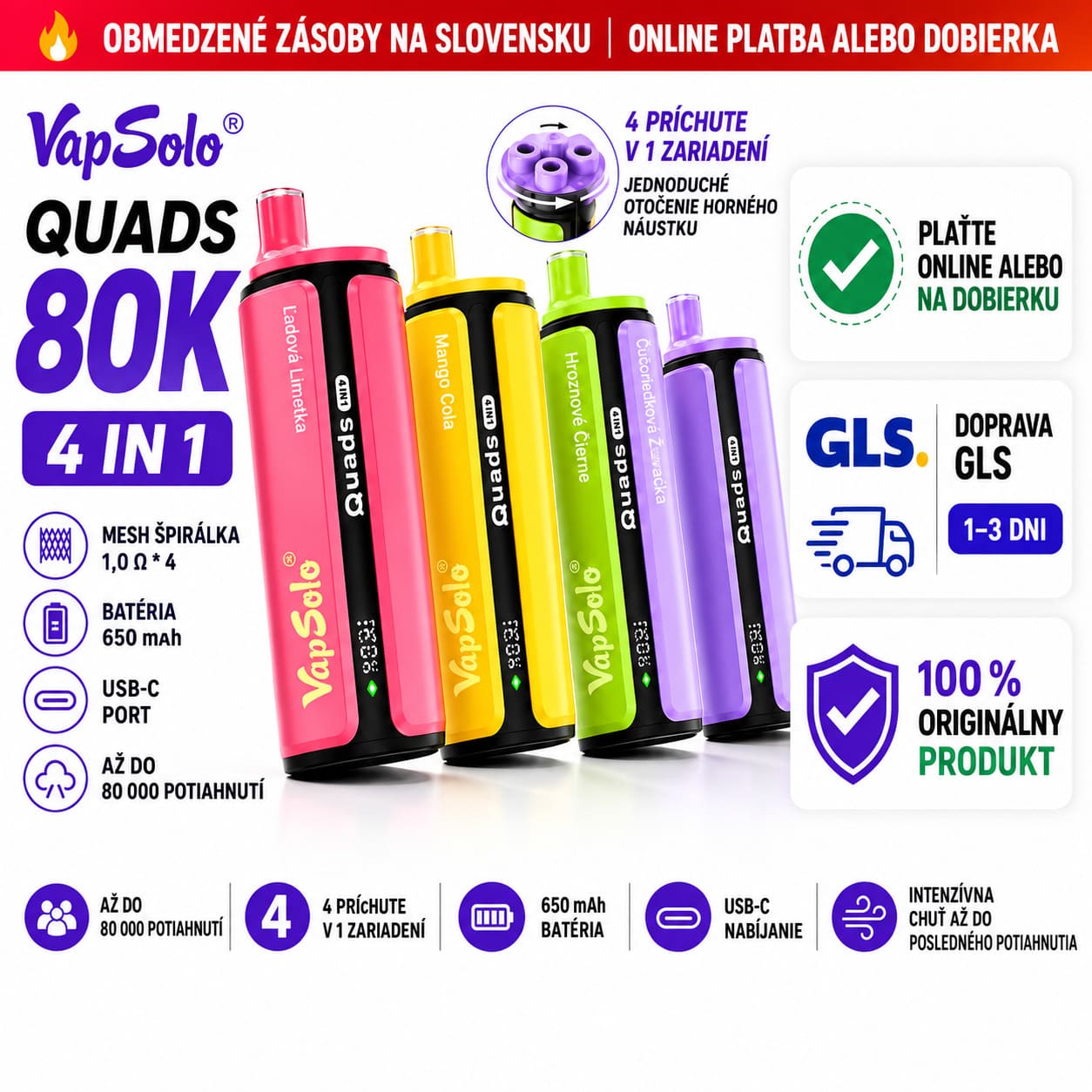 Vapsolo Quads 80K 4 v 1 – rýchle doručenie GLS po celom Slovensku, platba na dobierku COD