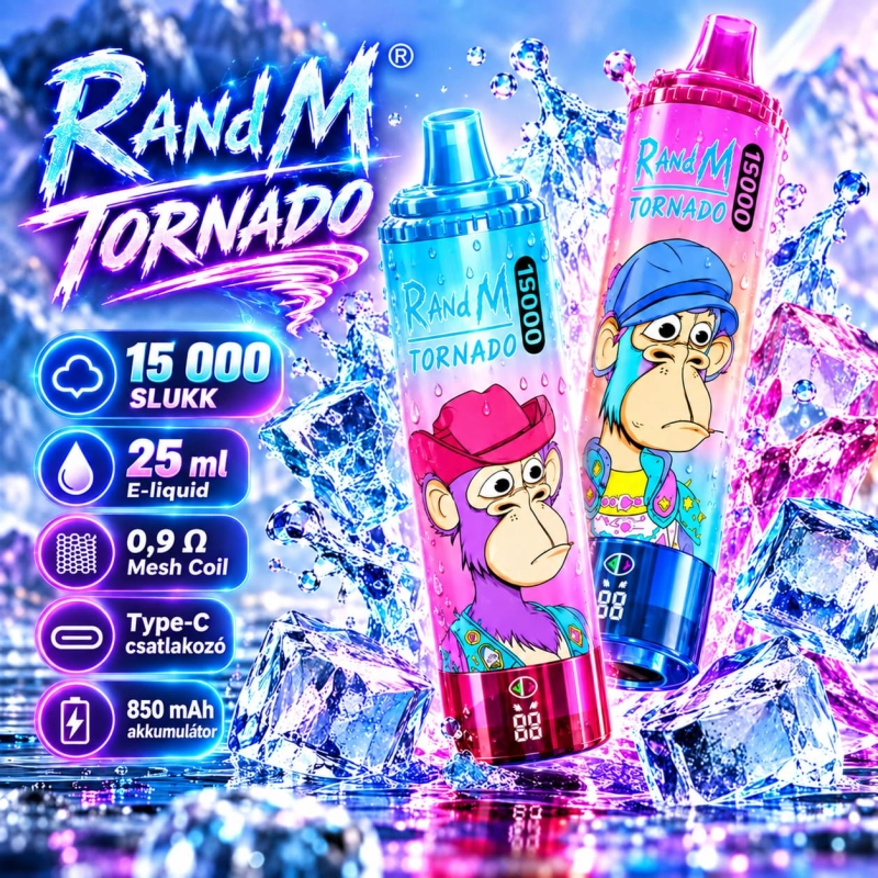 RandM Tornado 15000 fő termékkép – akár 15 000 slukk, 25 ml, Type-C újratölthető, 12 ízben