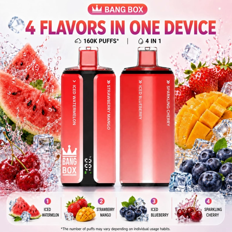 Bang Box 160K flavor set 04 with Iced Watermelon, Strawberry Mango, Blueberry and Sparkling Cherry