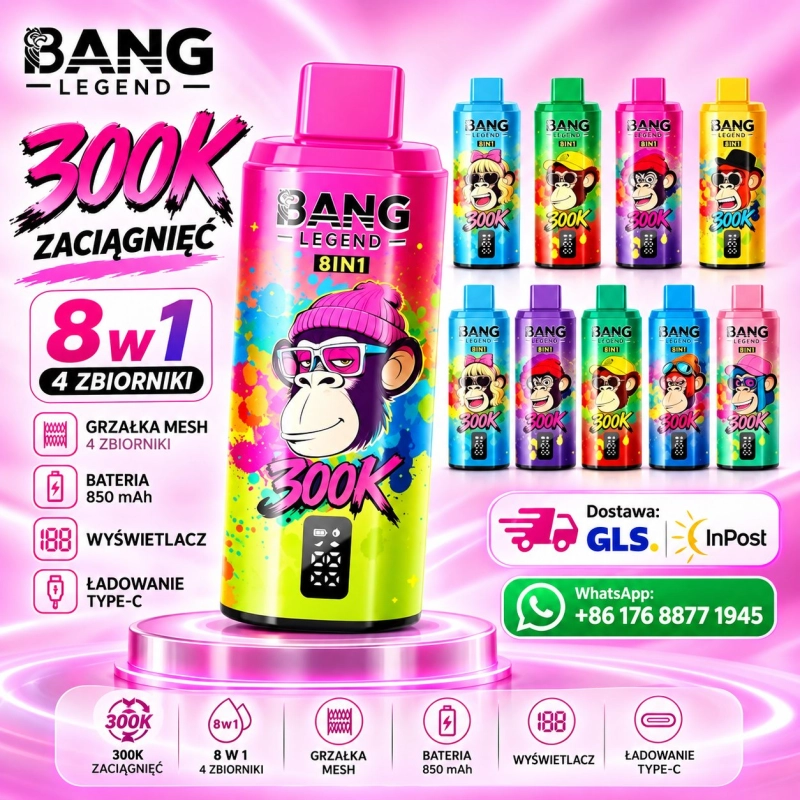 Bang Legend 300K 8w1 – kolorowe e-papierosy z grafiką owocową i prezentacją wariantów urządzenia