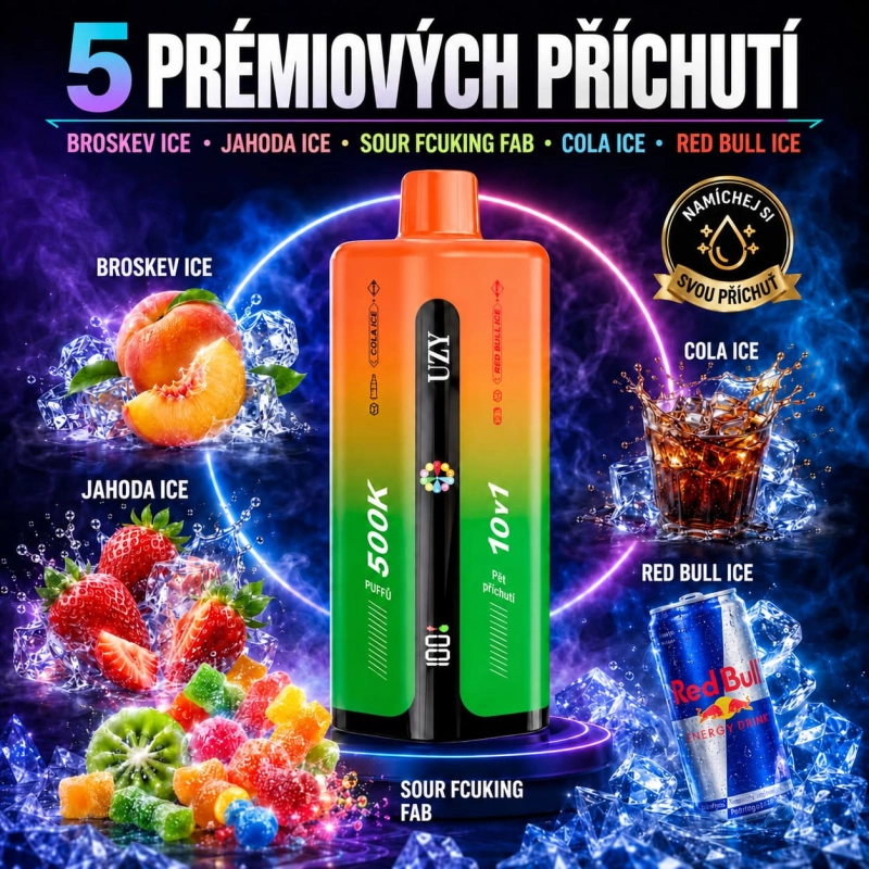 Ovocné příchutě UZY 10v1 – ledová jahoda, Red Bull ice a Sour Fcuking Fab