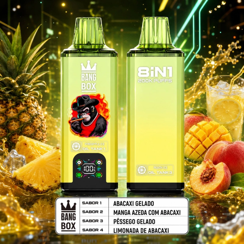 Bang Box 8in1 200000 Puxadas Vape Descartável, Abacaxi e Pêssego Gelado Verde