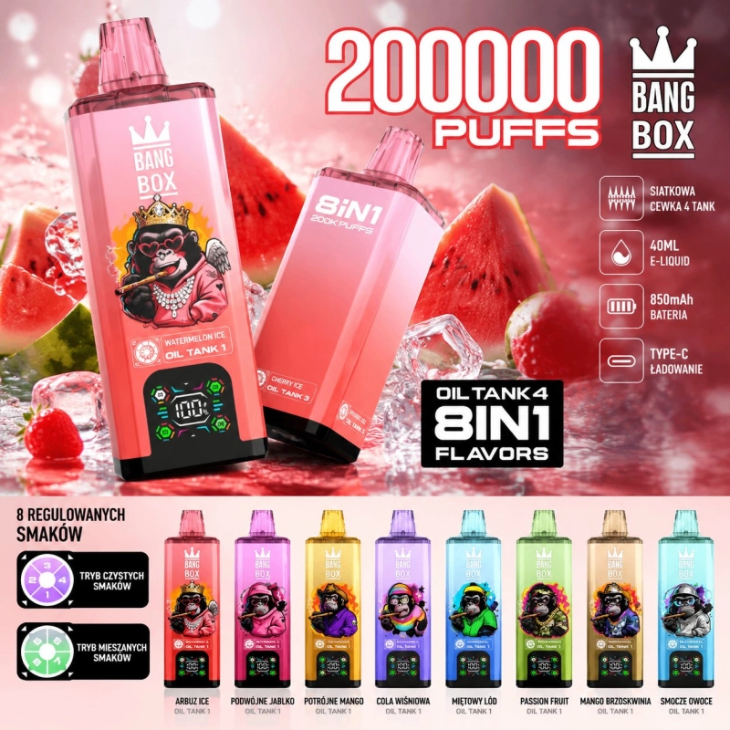 Bang Box 200000 8in1 200000 buchów Jednorazowy e-papieros, Różne smaki owocowe