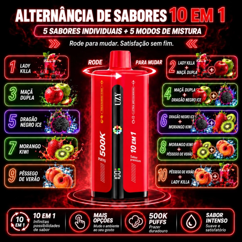 UZY Penta Flavor 500K com Lady Killa, duas maçãs, Dragão Negro gelado, morango e kiwi e pêssego de verão gelado.