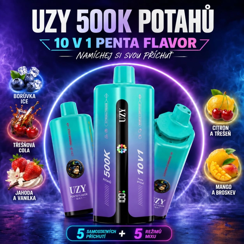 UZY Penta Flavor 10v1 příchutě Ledová borůvka, třešňová cola a mango s broskví