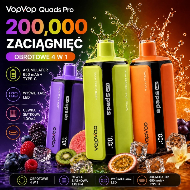 VopVop Quads Pro 200000 zaciągnięć Jednorazowy e-papieros, Wiele smaków