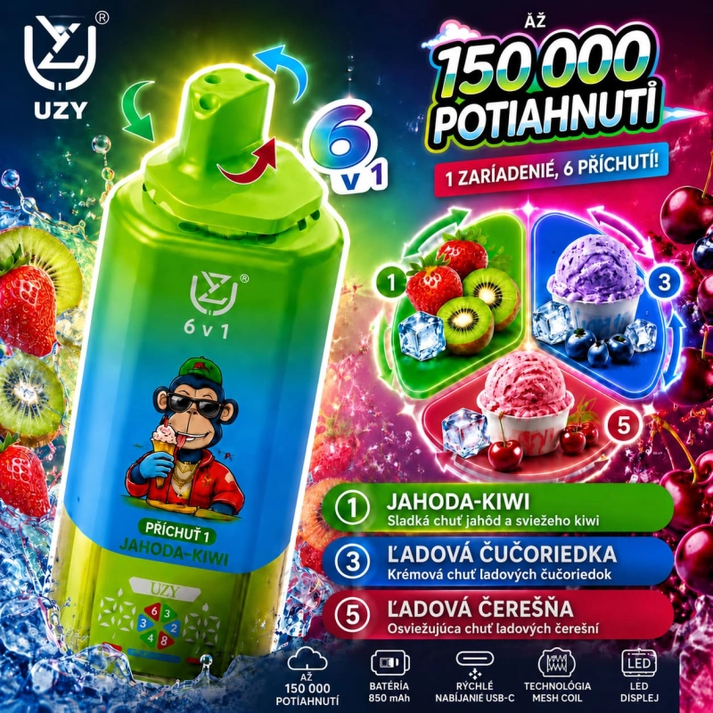 UZY 150 000 potiahnutí 6 v 1 – kombinácia príchutí jahoda s kiwi, ľadová čučoriedka a ľadová čerešňa
