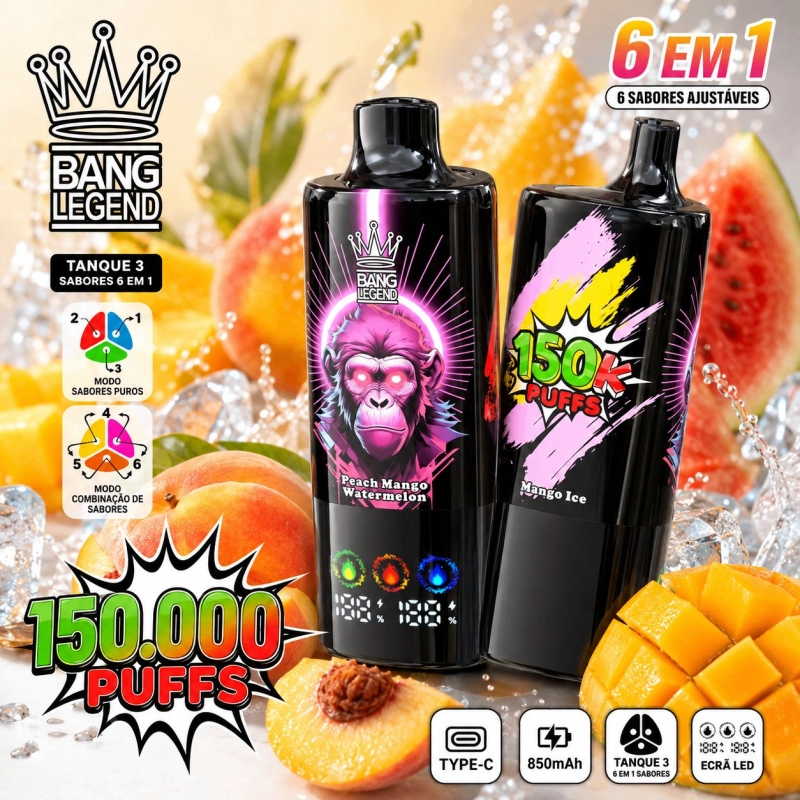 Bang Legend 150000 Puffs Vape Descartável, 6 Sabores Pêssego Manga Melancia