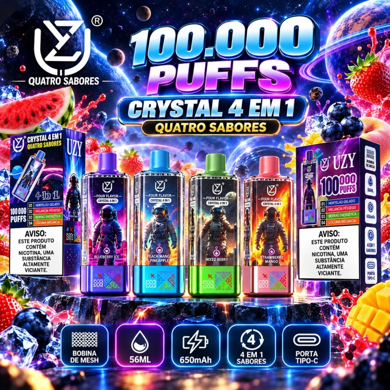 Vape descartável UZY Crystal 4 em 1 100 000 puffs com sabores Peach Mango Pineapple e Strawberry Ice