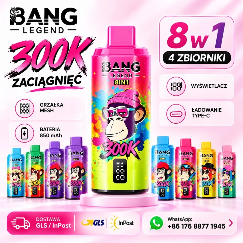 Bang Legend 300K 8w1 – bateria 850 mAh, ładowanie Type-C, grzałka mesh i wyświetlacz cyfrowy