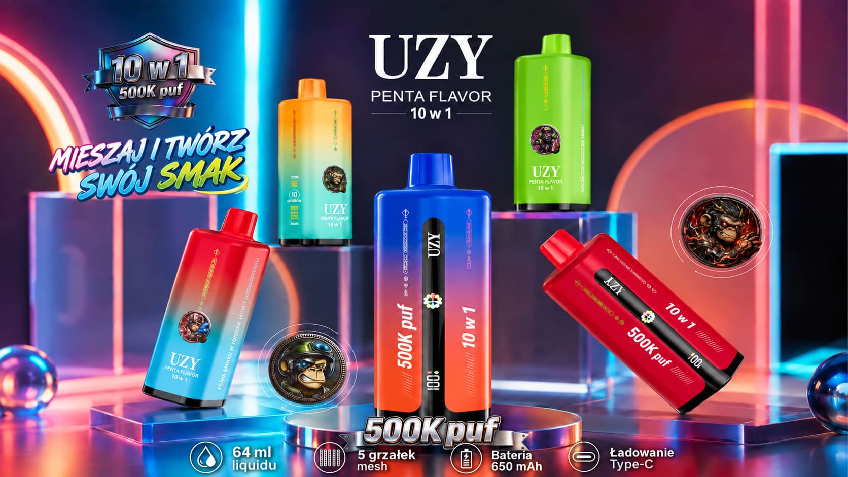 UZY 500K Penta Flavor 10 w 1 – 64 ml liquidu, 5 grzałek mesh, bateria 650 mAh i USB-C