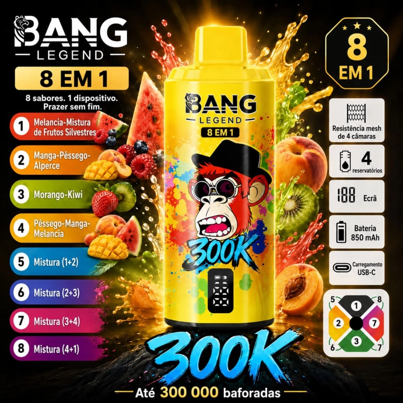 Bang Legend 300K 8 em 1 com Melancia, Frutos Silvestres, Manga, Pêssego, Alperce, Morango e Kiwi