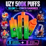 UZY 500K Penta Flavor 10 em 1, dispositivo vape com acabamento em degradê laranja e verde e cinco sabores selecionáveis.