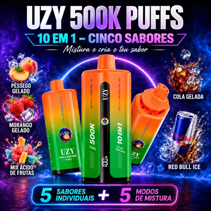 UZY 500K Penta Flavor 10 em 1, dispositivo vape com acabamento em degradê laranja e verde e cinco sabores selecionáveis.