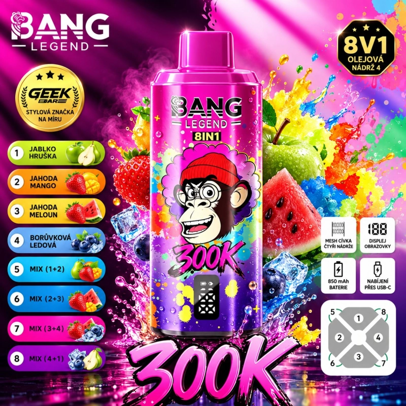 Zelená BANG LEGEND 300K 8v1 s příchutěmi Citronová Limetka, Mango Broskev a Vodní Meloun LED