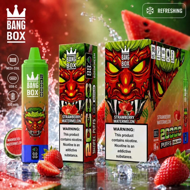 Bang Box 20000 Puffs rechargeable vape in Strawberry Watermelon flavor with fresh fruit imagery