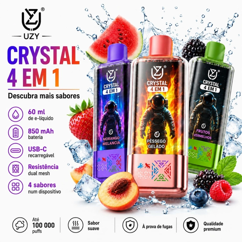UZY Crystal 100.000 Puffs 4-em-1 vape descartável LED recarregável com quatro sabores e design moderno em Portugal