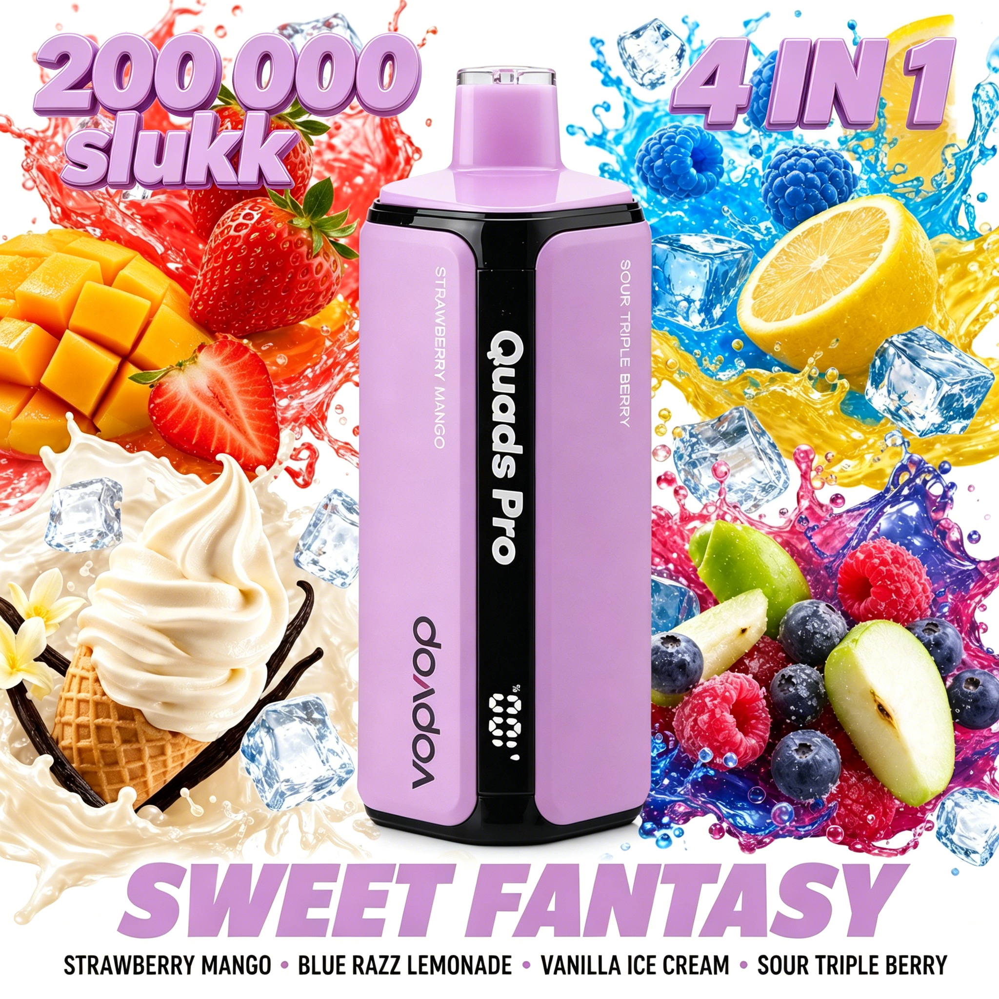 VOPVOP PRO 4 in 1 3.STRAWBERRY MANGO & BLUE RAZZ LEMONADE & VANILLA ICE CREAM & SOUR TRIPLE BERRY