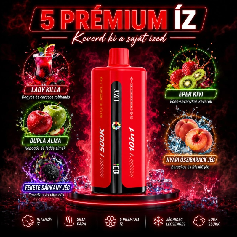 UZY 500K vape készülék 5 karakteres ízzel – Lady Killa, alma, Black Dragon Ice, eper-kiwi, nyári őszibarack