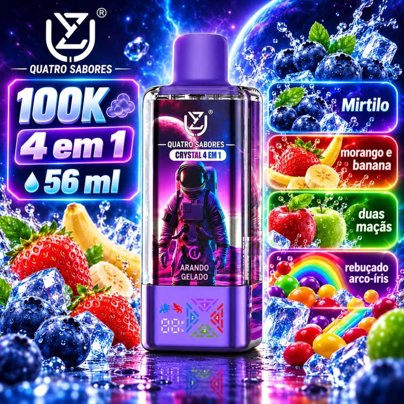UZY Crystal 100.000 Puffs 4-em-1 vape descartável com sabores gelo de morango e melão, framboesa azul, gelo de mirtilo e framboesa, cereja e espumante
