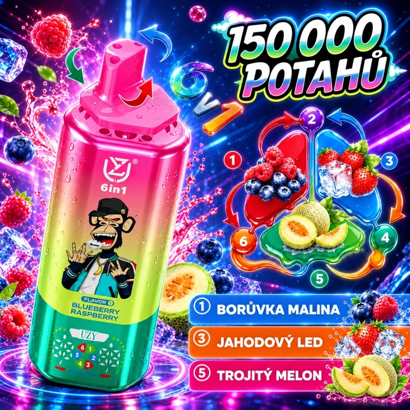 Růžová jednorázová vape UZY 150 000 potahů 6v1 s příchutěmi Blueberry Raspberry, Jahodový LED a Trojitý Melon