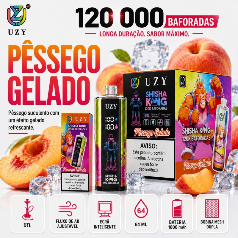 UZY Shisha King 120K sabor Pêssego Gelado com toque fresco e frutado