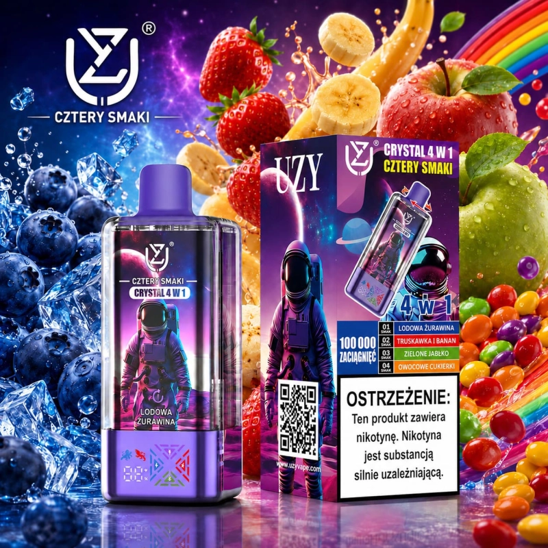 UZY Crystal 100K 4w1 – truskawka i arbuz, Blue Razz Ice, borówka z maliną i wiśnią oraz musująca wiśnia z lodem
