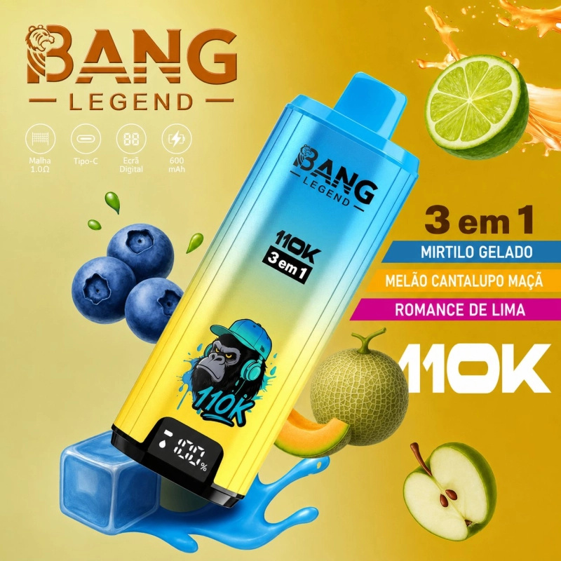 Bang Legend 110000 Puxadas Vape Descartável, 3 Sabores de Frutas