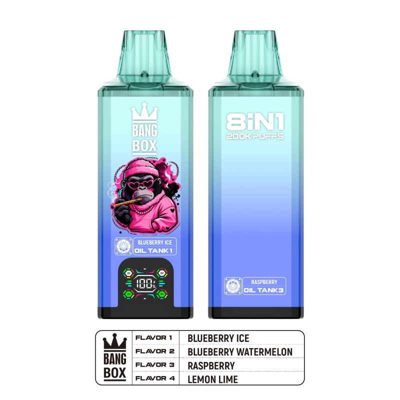 Bang Box 8 in 1 200000 Puffs Disposable Vape Blueberry Ice kék színben, mutatva a beépített LED kijelzőt és a többtartályos technológiát